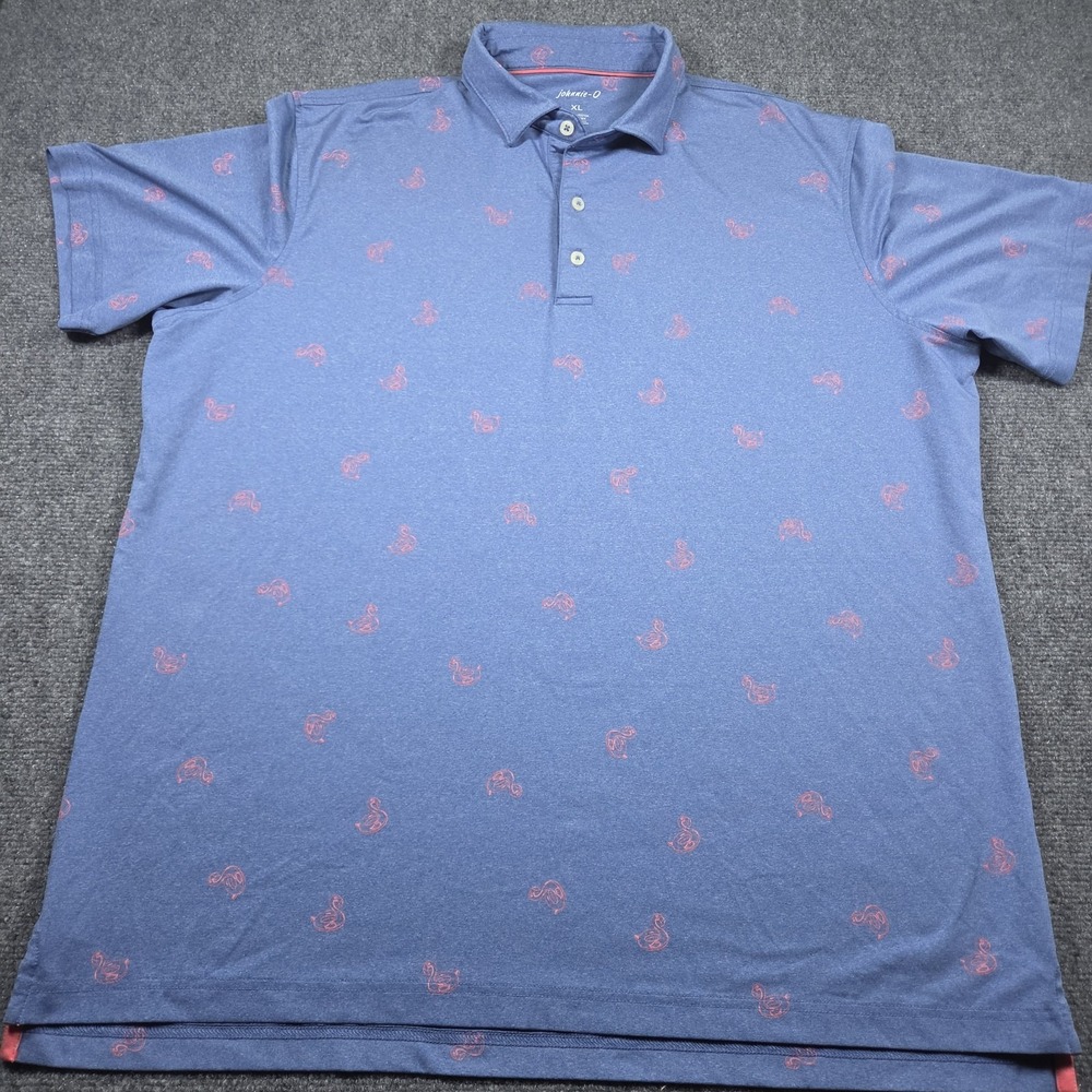 Johnnie-O Polo Shirt Mens XL Blue Flamingo Print Golf Performance Stretch Top